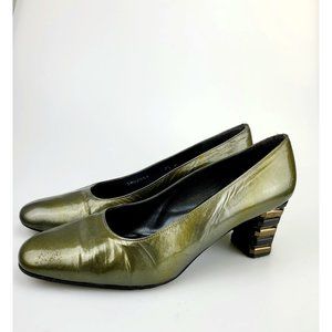 STUART WEITZMAN Olive Green Patent Leather Pump Heels 7.5 Block Heel Pointed Toe